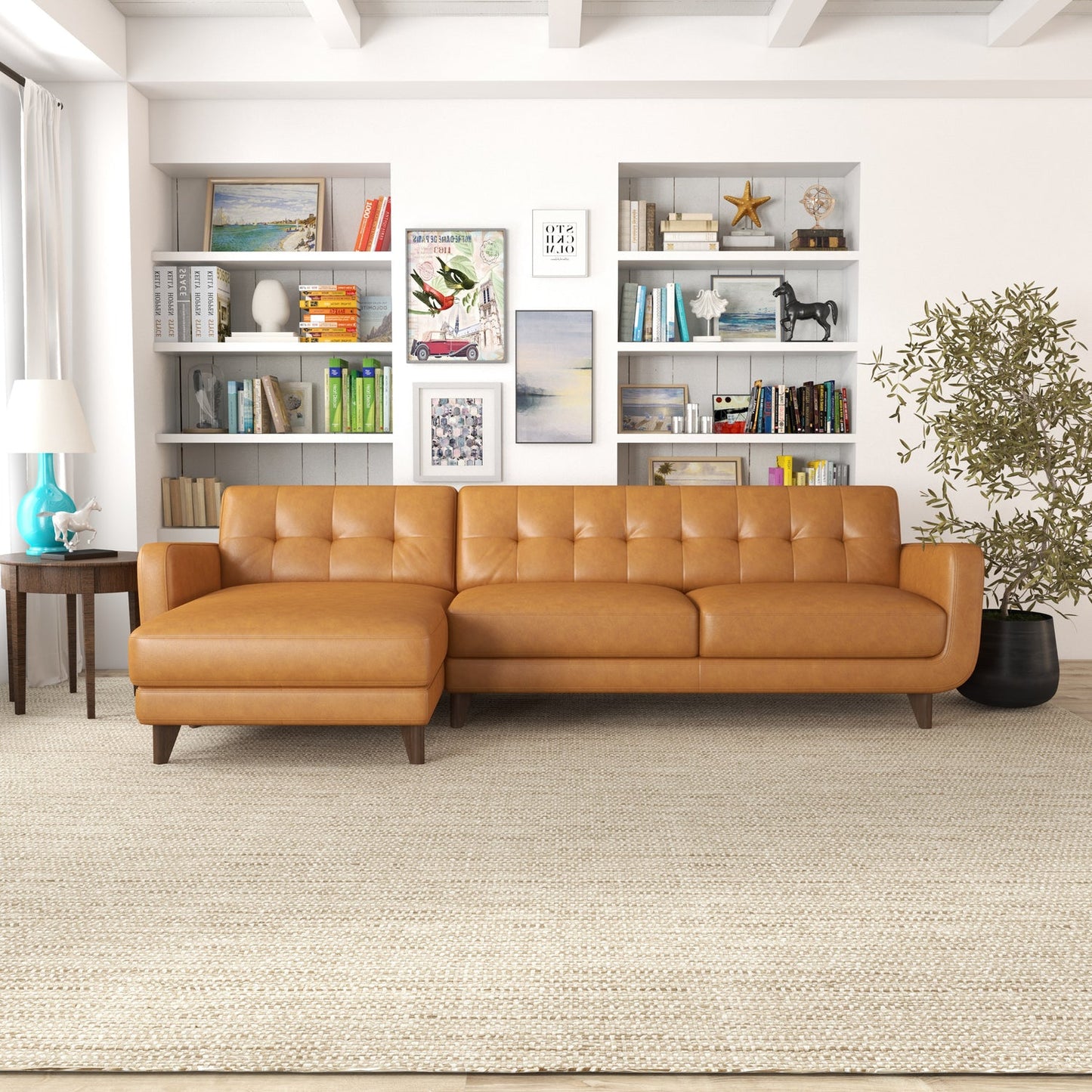 Allison Mid-Century Modern Tan Leather Sectional