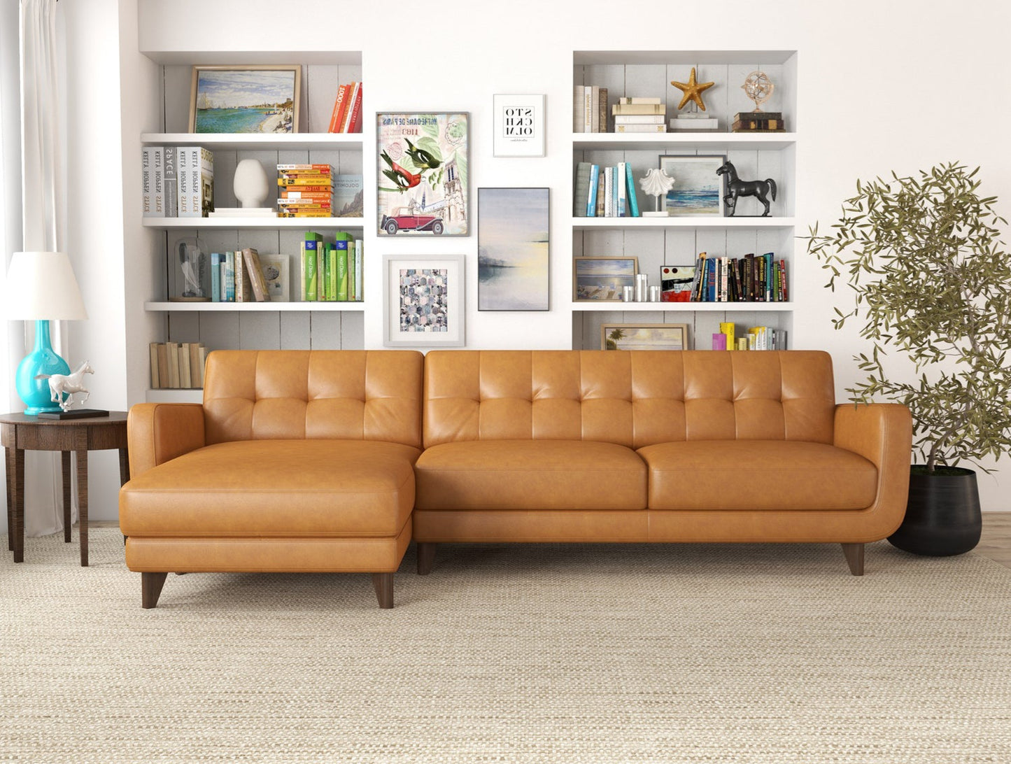 Allison Mid-Century Modern Tan Leather Sectional