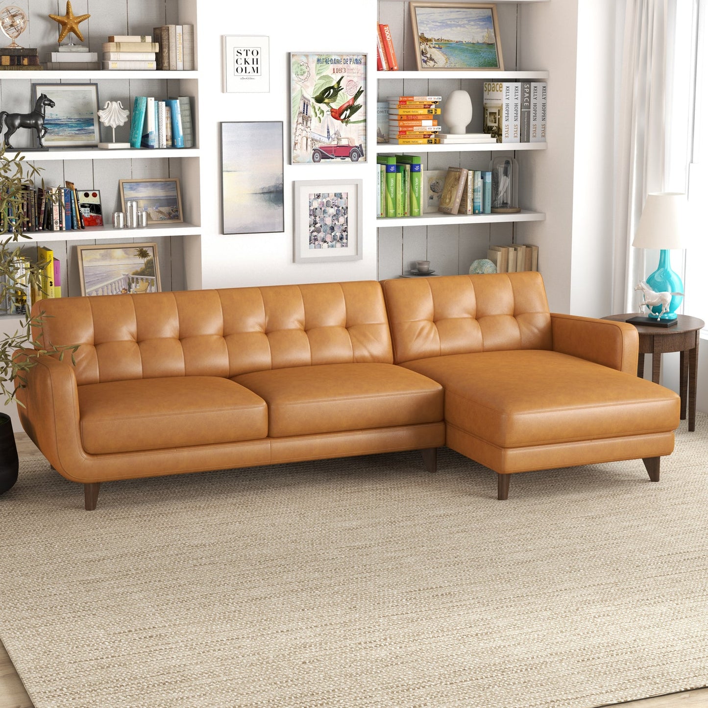 Allison Mid-Century Modern Tan Leather Sectional