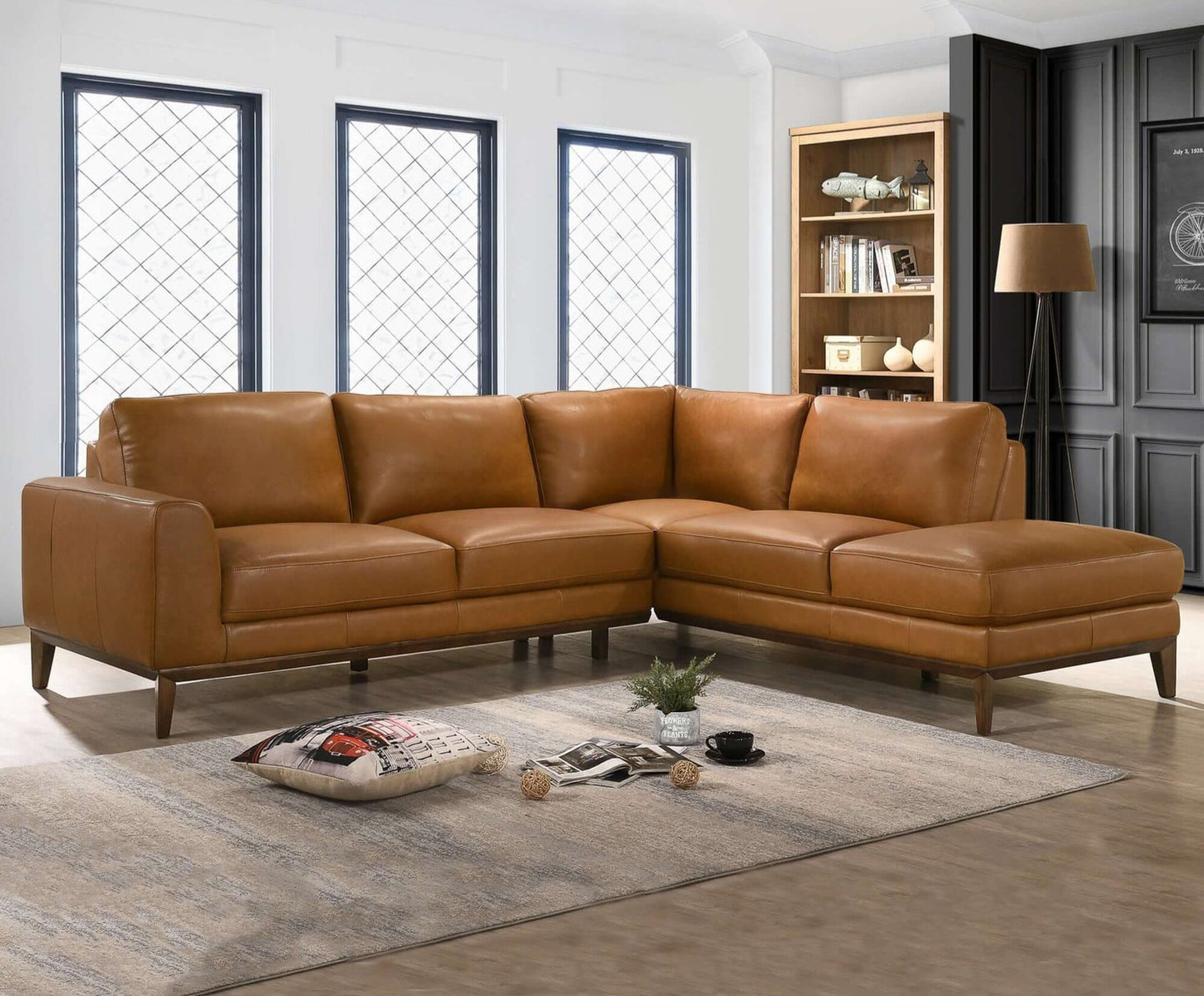 London 97" Mid-Century Modern Leather RAF Sectional Sofa