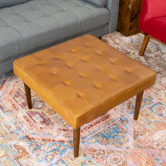 Mark Mid-Century Tufted Square Genuine Leather Upholstered Ottoman In Tan