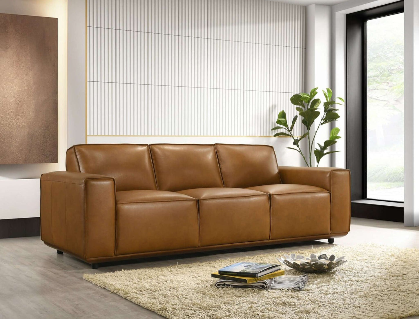 Hanky Mid-Century Modern Geniune Tan Leather Sofa