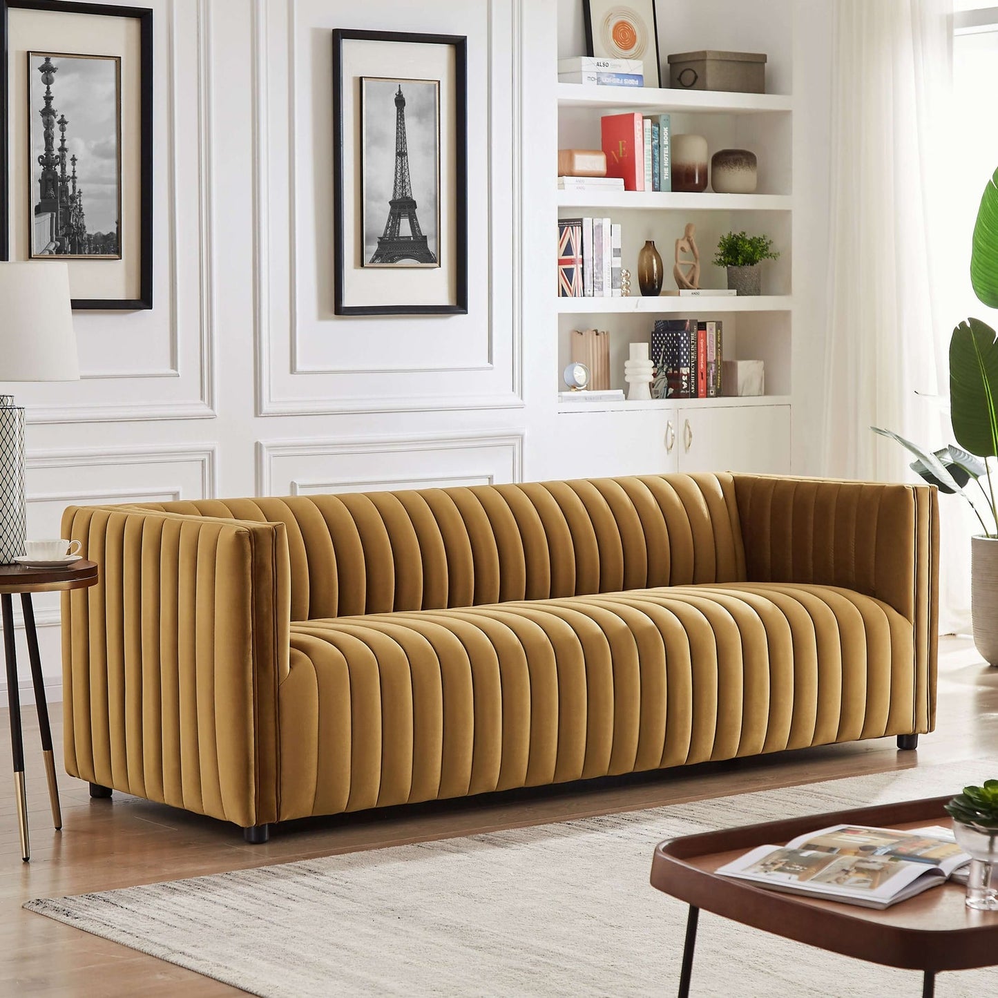 Dominic Channel Tufted Dark Yellow Velvet Sofa