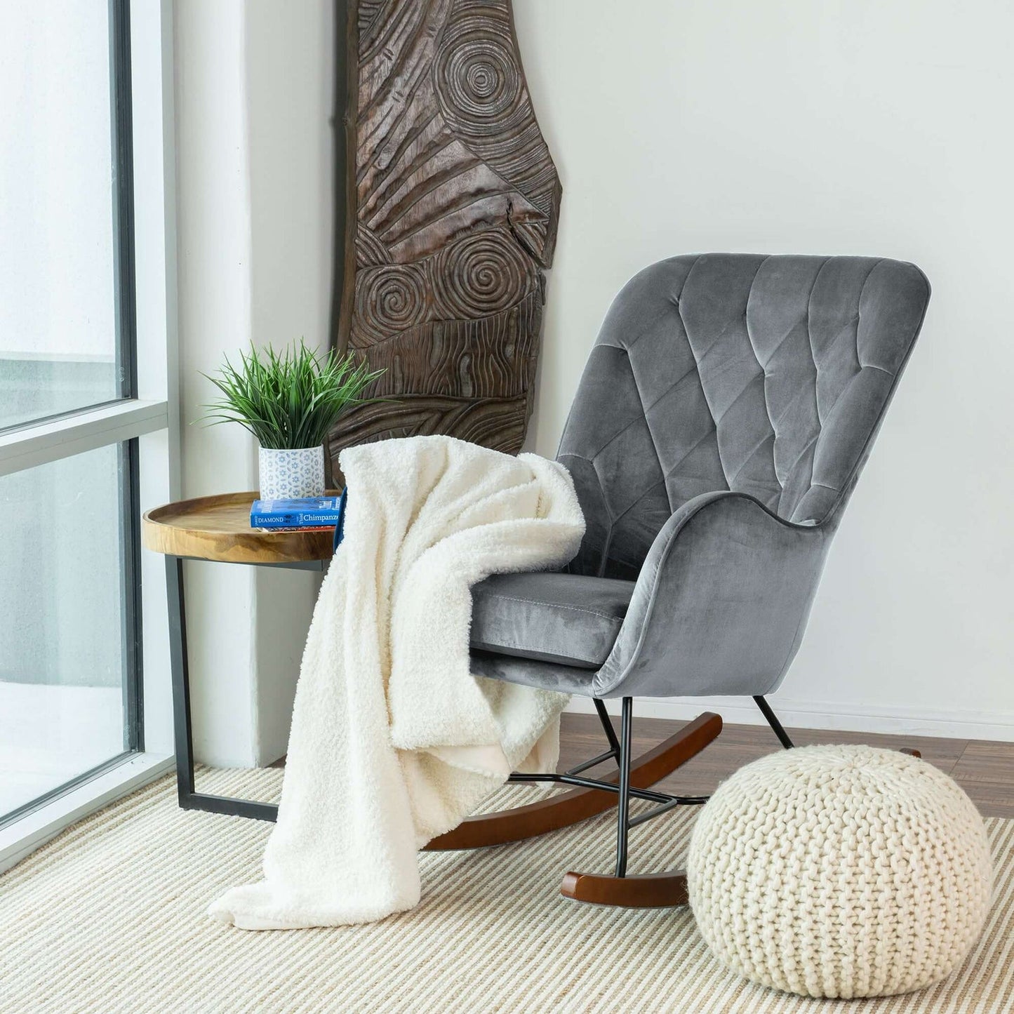 Hannah Dark Grey Velvet Modern Rocking Chair