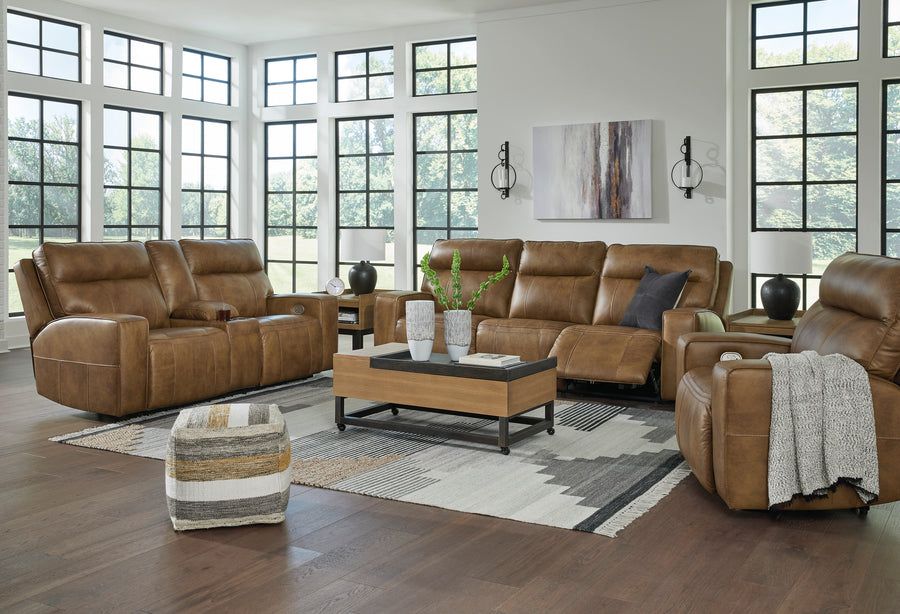 Game Plan Caramel GENUINE LEATHER/POWER Reclining Sofa and Loveseat U15206