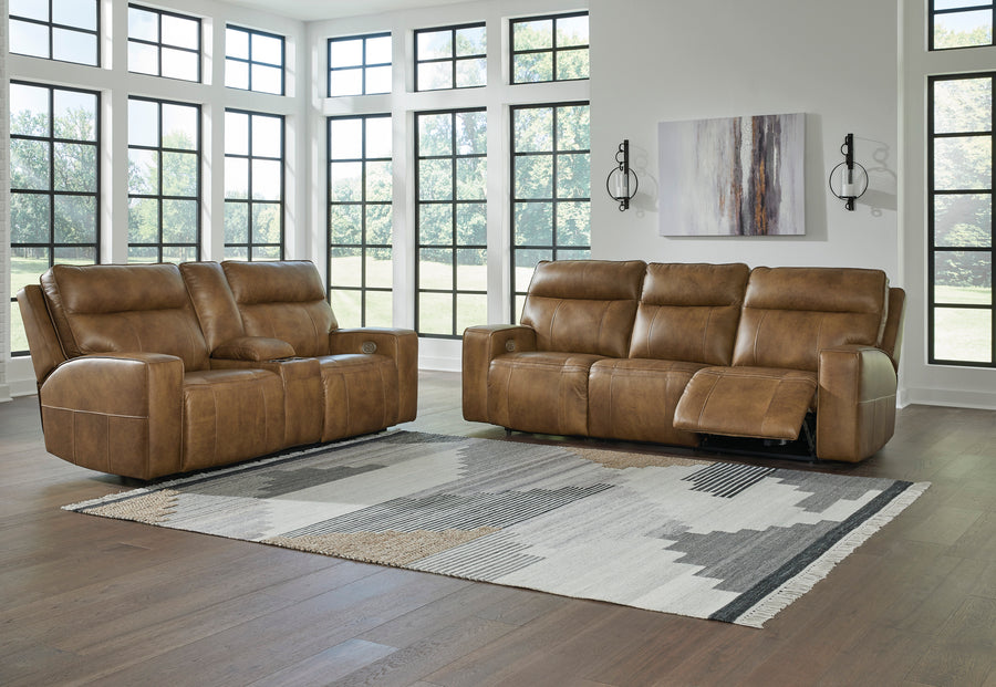 Game Plan Caramel GENUINE LEATHER/POWER Reclining Sofa and Loveseat U15206