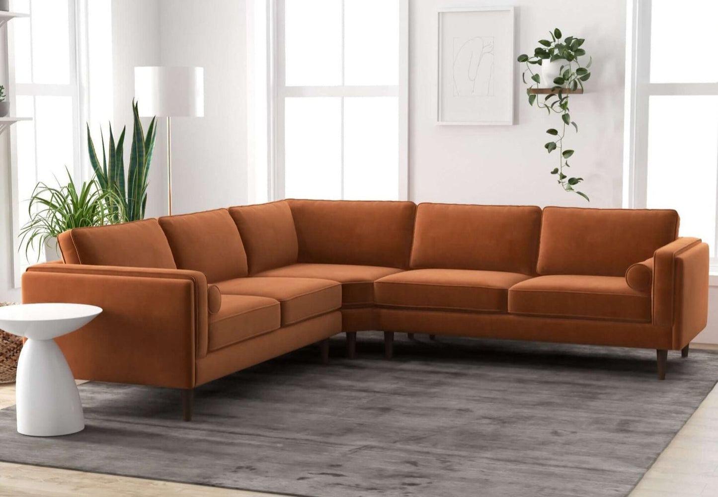 Amber Orange Velvet Mid-Century Modern Corner Sectional