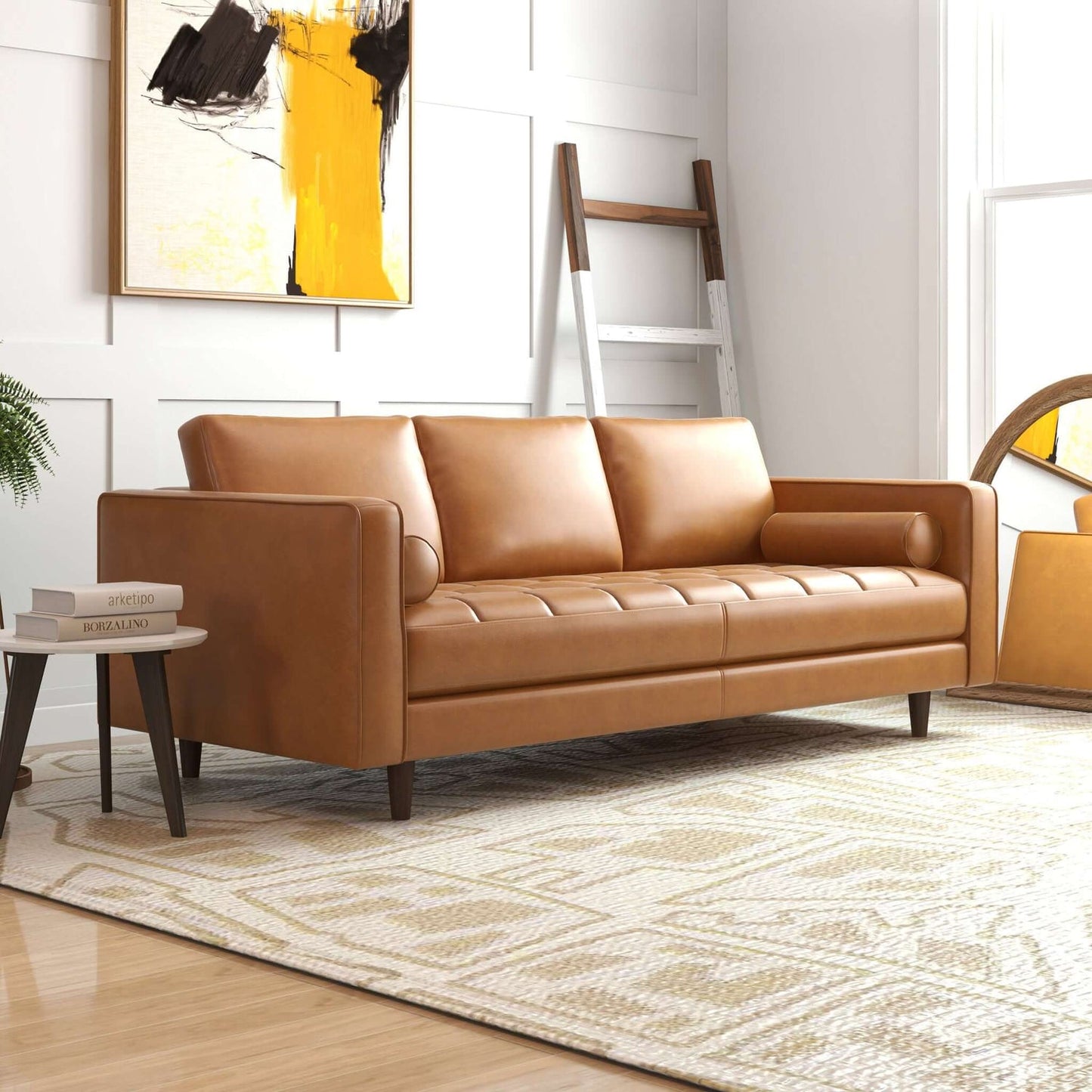 Catherine Tan Leather Mid-Century Modern Sofa