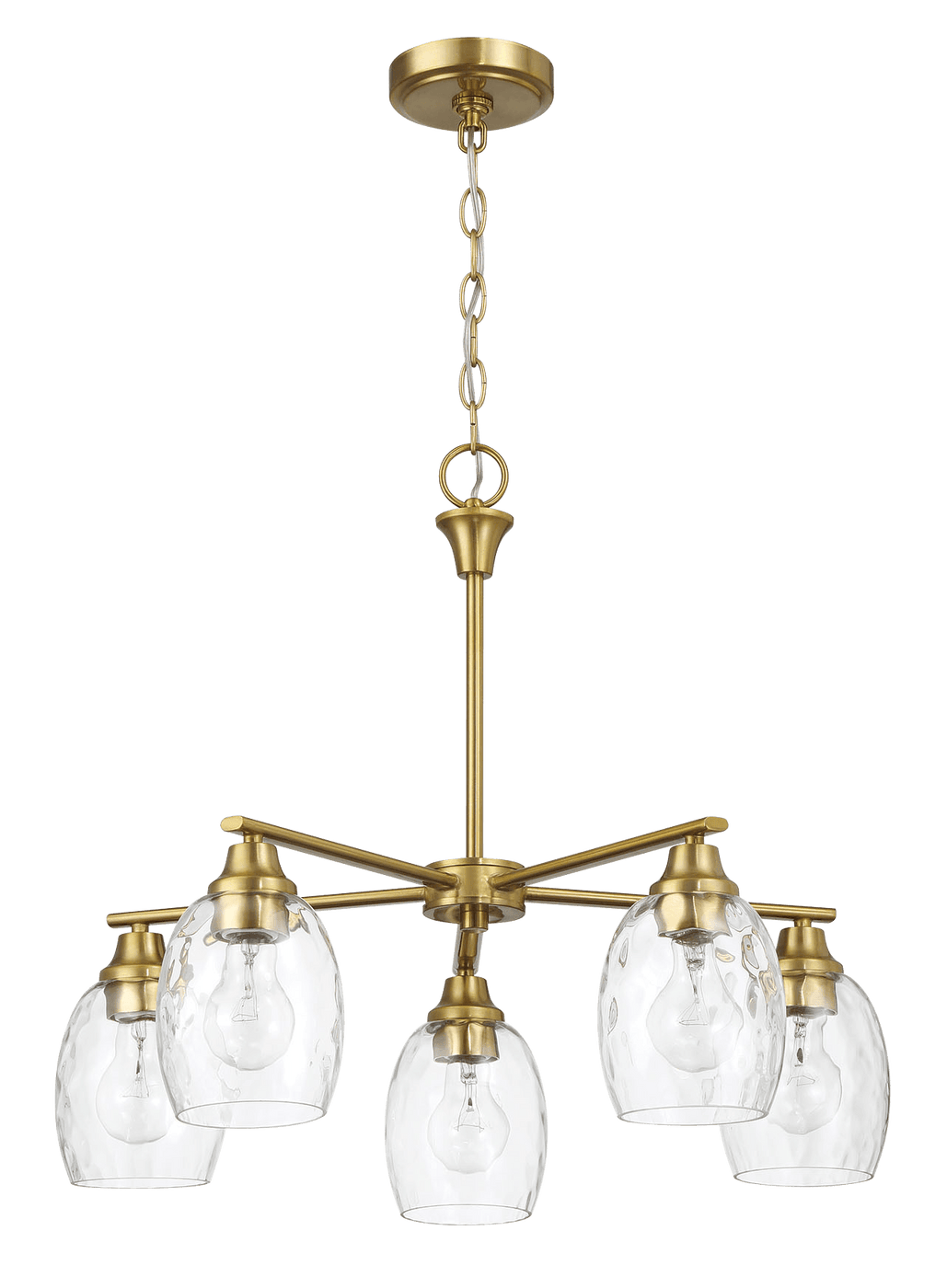 Elegance Five Lights Linear Arms with Golden Brass Finish Chain Chandelier 24"W × 8.5"H with Clear Water Glass