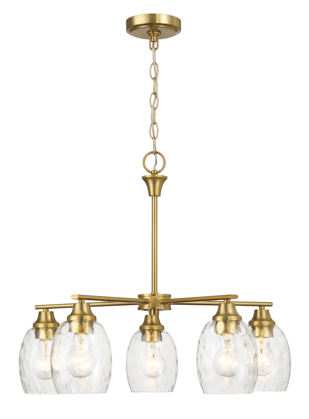 Elegance Five Lights Linear Arms with Golden Brass Finish Chain Chandelier 24"W × 8.5"H with Clear Water Glass