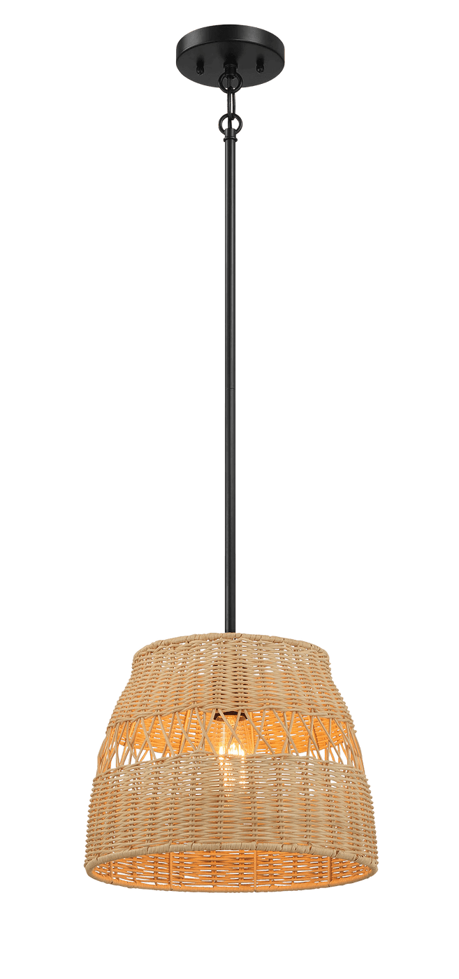 Essence Single Lights Pendant With Rattan Shade Black Metal Finish for Farmhouse Style