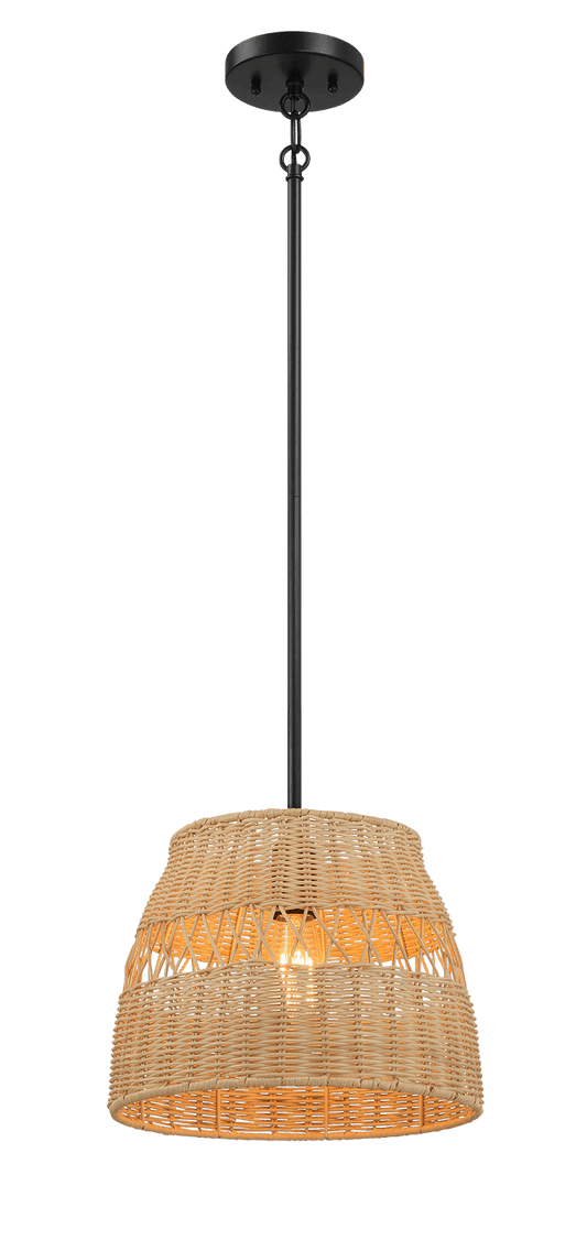 Essence Single Lights Pendant With Rattan Shade Black Metal Finish for Farmhouse Style