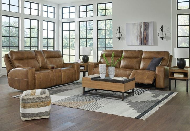 Game Plan Caramel GENUINE LEATHER/POWER Reclining Sofa and Loveseat U15206