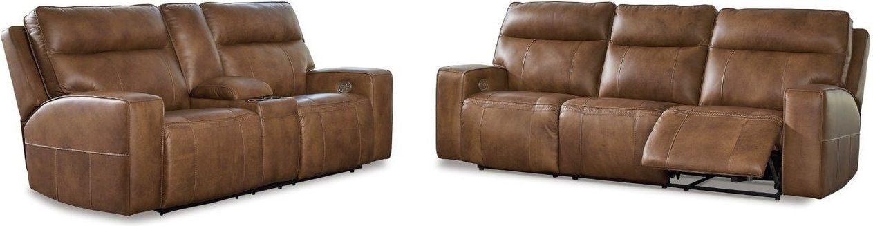 Game Plan Caramel GENUINE LEATHER/POWER Reclining Sofa and Loveseat U15206