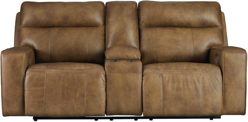 Game Plan Caramel GENUINE LEATHER/POWER Reclining Sofa and Loveseat U15206