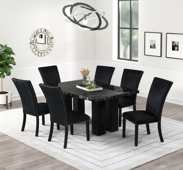 Grand Onyx/Black Velvet 7pc Dining Room Set 1220  (FAUX MARBLE)