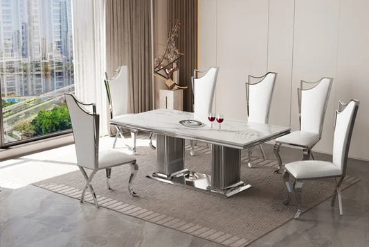 White GENUINE MARBLE/Stainless Steel 7pc Dining Set D6061