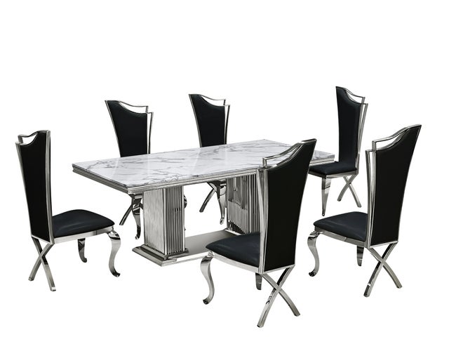 Black/White GENUINE MARBLE/Stainless Steel 7pc Dining Set D6061