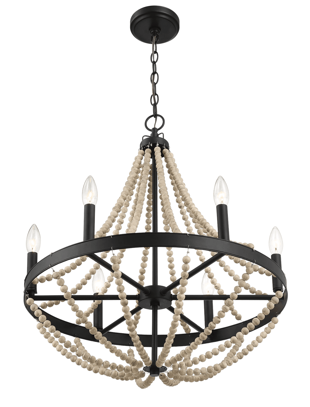 Starry Wood Chandelier Farmhouse Six Candle Light Wood Beaded Black Pendant Light for Dining Room