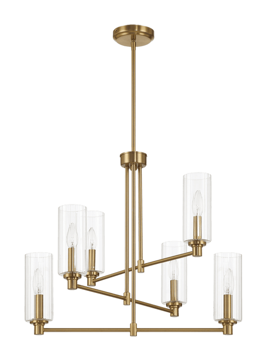 Timeless Six Lights Chandelier With Clear Ribbed Glass - Satin Brass