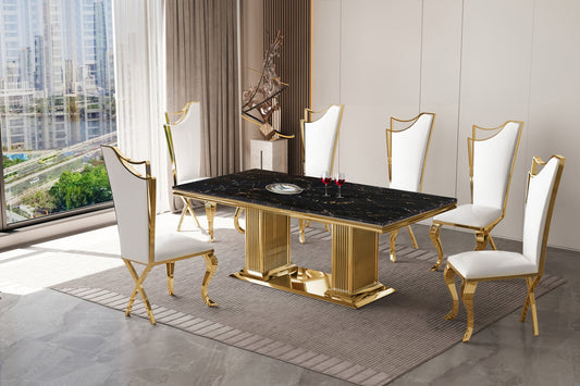 Black/White GENUINE MARBLE/GOLD 7pc Dining Set D7071