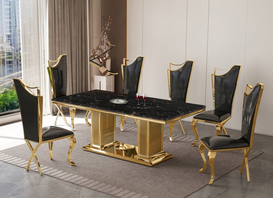 Black/Gold GENUINE MARBLE 9pc Dining Set D7072(1TABLE+8CHAIR)